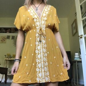 Love Tree Embroidered Mini Dress Bohemian Festival Drawstring Yellow Size S